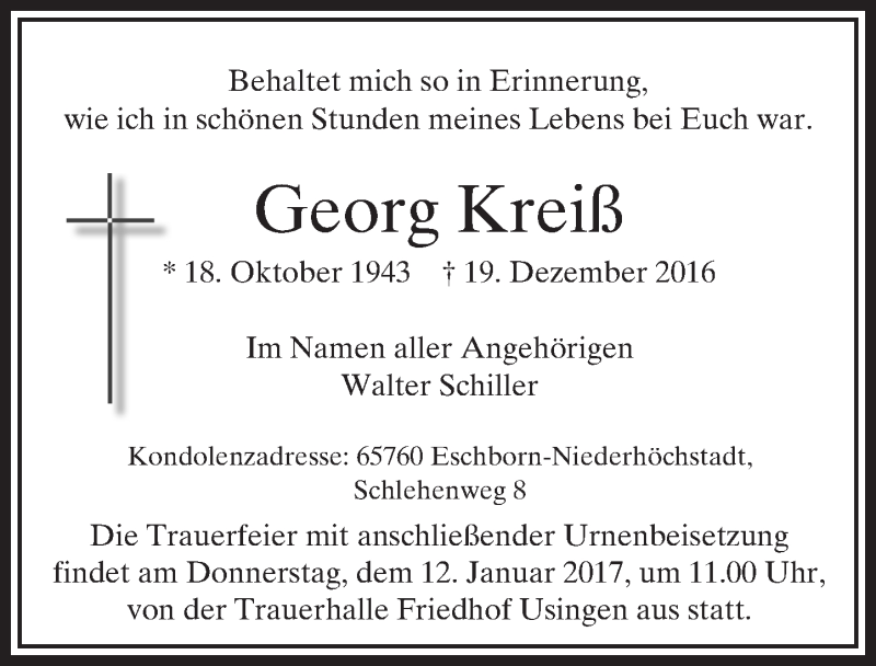  Traueranzeige für Georg Kreiß vom 09.01.2017 aus  Usinger Anzeiger