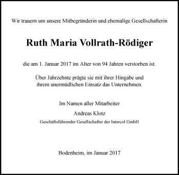 Traueranzeige von Ruth Maria Vollrath-Rödiger von Trauerportal Rhein Main Presse