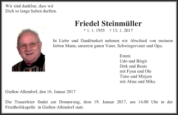 Traueranzeige von Friedel Steinmüller von  Gießener Anzeiger
