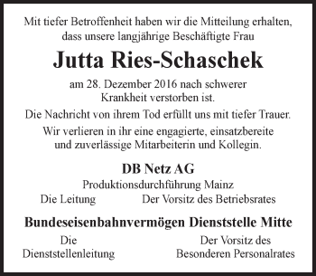 Traueranzeige von Jutta Ries-Schaschek von Trauerportal Rhein Main Presse