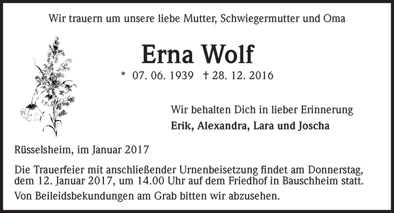  Traueranzeige für Erna Wolf vom 07.01.2017 aus Trauerportal Rhein Main Presse