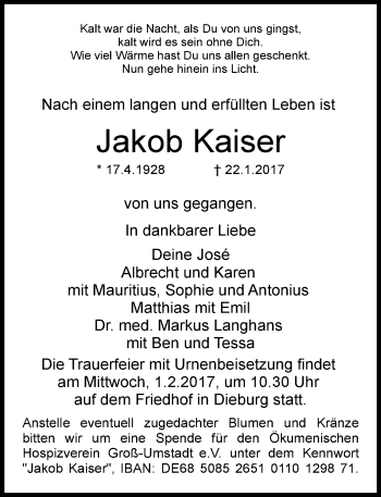 Traueranzeige von Jakob Kaiser von Trauerportal Echo Online