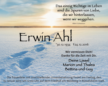 Traueranzeige von Erwin Ahl von Trauerportal Rhein Main Presse