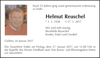 Traueranzeige von Helmut Reuschel von  Gießener Anzeiger