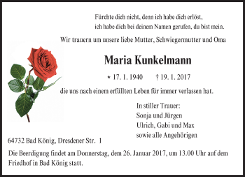 Traueranzeige von Maria Kunkelmann von Trauerportal Echo Online