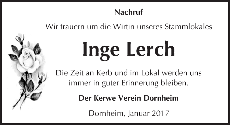  Traueranzeige für Inge Lerch vom 10.01.2017 aus Trauerportal Echo Online