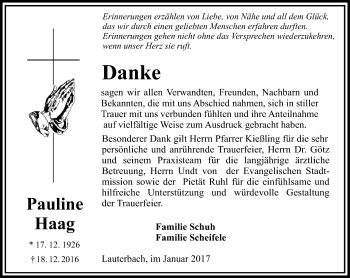 Traueranzeige von Pauline Haag von VRM Trauer