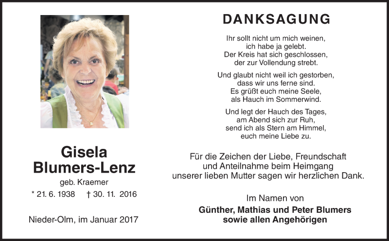  Traueranzeige für Gisela Blumers-Lenz vom 14.01.2017 aus Trauerportal Rhein Main Presse