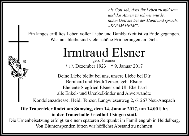  Traueranzeige für Irmtraud Elsner vom 11.01.2017 aus  Usinger Anzeiger