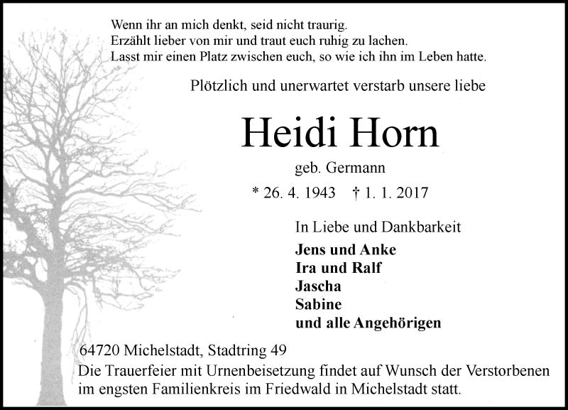  Traueranzeige für Heidi Horn vom 07.01.2017 aus Trauerportal Echo Online