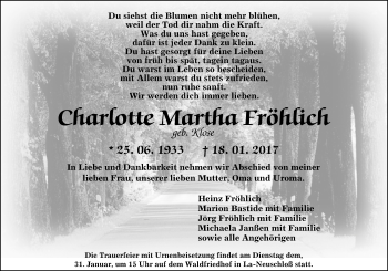 Traueranzeige von Charlotte Martha Fröhlich von Trauerportal Echo Online