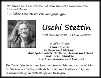 Traueranzeige von Uschi Stettin von  Kreisanzeiger