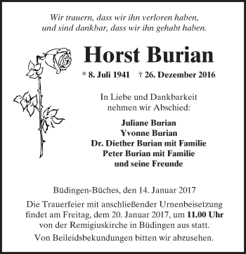 Traueranzeige von Horst Burian von  Kreisanzeiger