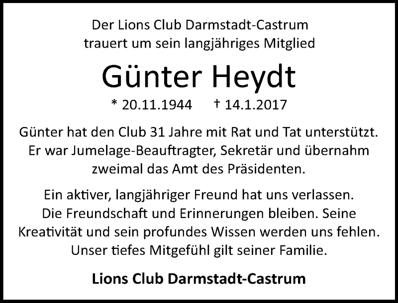  Traueranzeige für Günter Heydt vom 19.01.2017 aus Trauerportal Echo Online
