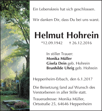 Traueranzeige von Helmut Hohrein von Trauerportal Echo Online