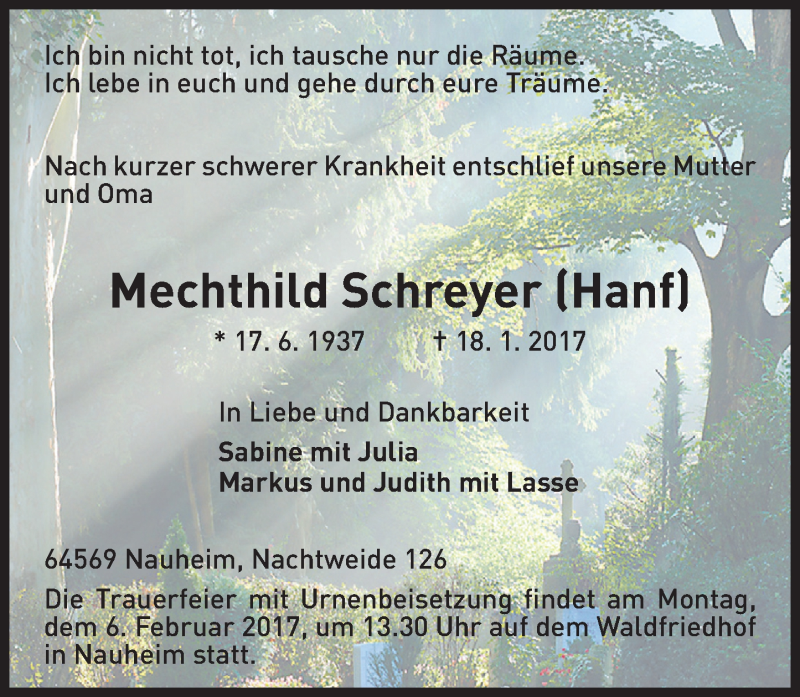  Traueranzeige für Mechthild Schreyer vom 28.01.2017 aus Trauerportal Rhein Main Presse