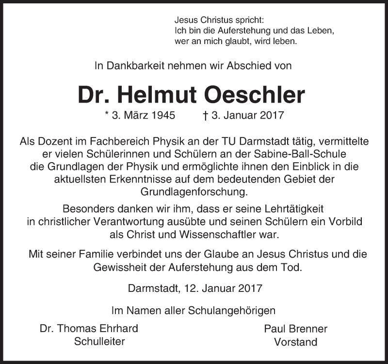  Traueranzeige für Helmut Oeschler vom 12.01.2017 aus Trauerportal Echo Online