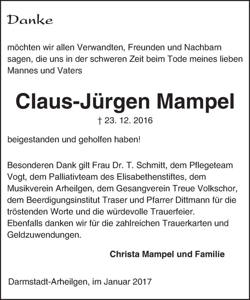  Traueranzeige für Claus-Jürgen Mampel vom 11.01.2017 aus Trauerportal Echo Online