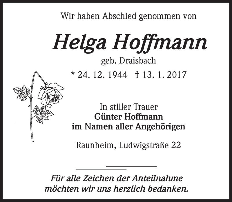  Traueranzeige für Helga Hoffmann vom 28.01.2017 aus Trauerportal Rhein Main Presse
