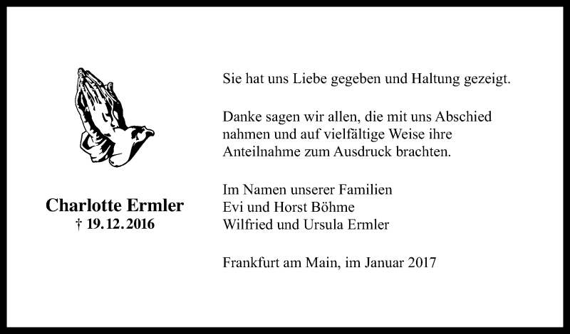  Traueranzeige für Charlotte Ermler vom 13.01.2017 aus Trauerportal Rhein Main Presse