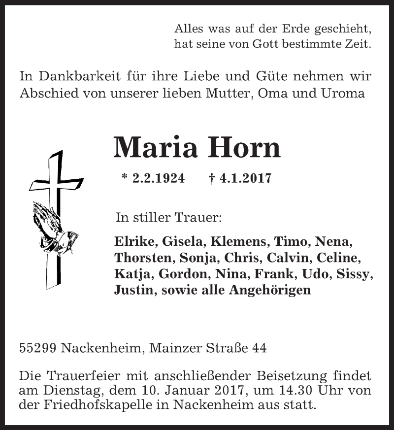  Traueranzeige für Maria Horn vom 07.01.2017 aus Trauerportal Rhein Main Presse