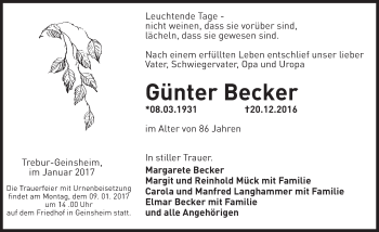Traueranzeige von Günter Becker von Trauerportal Echo Online