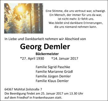 Traueranzeige von Georg Demler von Trauerportal Echo Online