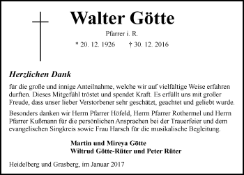 Traueranzeige von Walter Götte von Trauerportal Echo Online