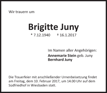 Traueranzeige von Brigitte Juny von Trauerportal Rhein Main Presse