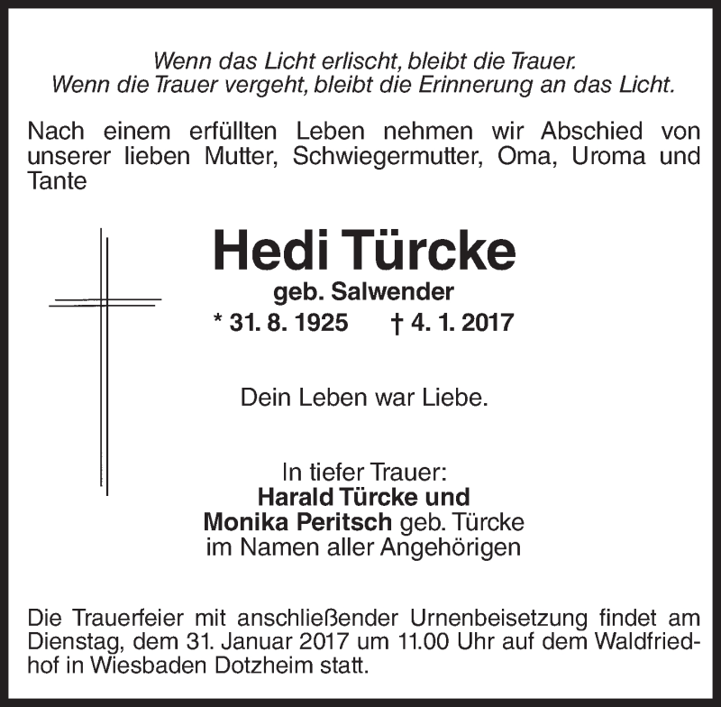  Traueranzeige für Hedi Türcke vom 28.01.2017 aus Trauerportal Rhein Main Presse