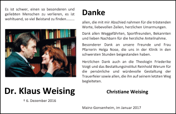 Traueranzeige von Klaus Weising von Trauerportal Rhein Main Presse