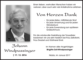 Traueranzeige von Johann Windpassinger von  Kreisanzeiger