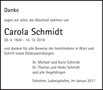 Traueranzeige von Carola Schmidt von  Kreisanzeiger