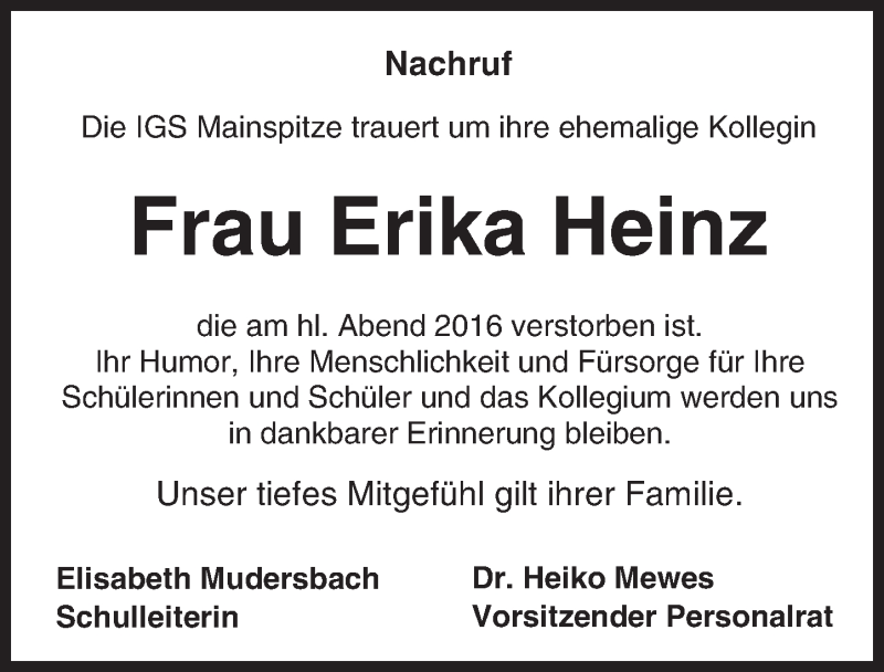  Traueranzeige für Erika Heinz vom 07.01.2017 aus Trauerportal Rhein Main Presse