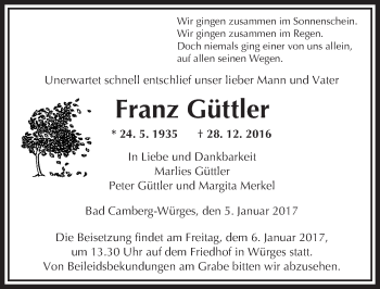 Traueranzeige von Franz Güttler von  Camberger Anzeiger