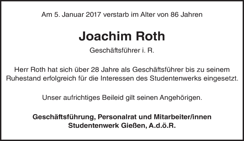  Traueranzeige für Joachim Roth vom 28.01.2017 aus  Gießener Anzeiger