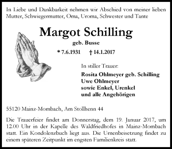Traueranzeige von Margot Schilling von Trauerportal Rhein Main Presse