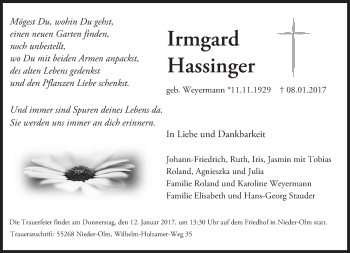 Traueranzeige von Irmgard Hassinger von Trauerportal Rhein Main Presse