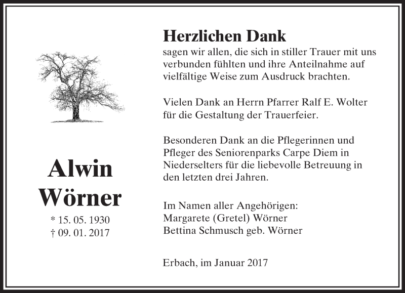  Traueranzeige für Alwin Wörner vom 26.01.2017 aus  Camberger Anzeiger