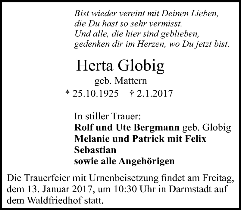  Traueranzeige für Herta Globig vom 07.01.2017 aus Trauerportal Echo Online