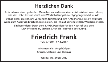 Traueranzeige von Friedrich Frank von Trauerportal Rhein Main Presse