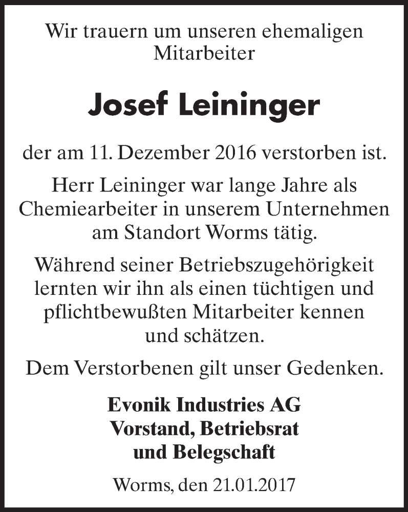  Traueranzeige für Josef Leininger vom 21.01.2017 aus Trauerportal Rhein Main Presse