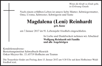 Traueranzeige von Magdalena Reinhardt von Trauerportal Rhein Main Presse