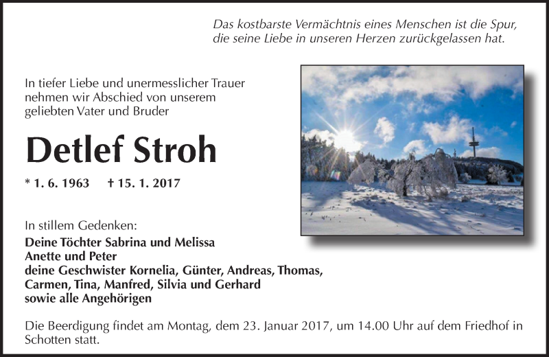  Traueranzeige für Detlef Stroh vom 21.01.2017 aus  Kreisanzeiger
