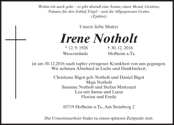Traueranzeige von Irene Notholt von Trauerportal Rhein Main Presse
