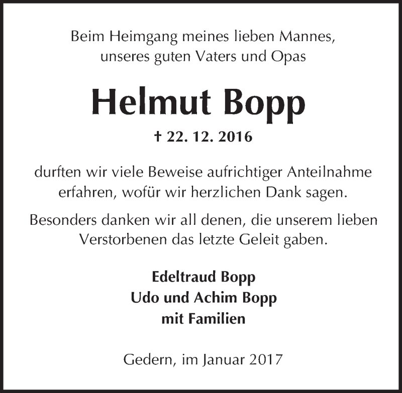  Traueranzeige für Helmut Bopp vom 14.01.2017 aus  Kreisanzeiger