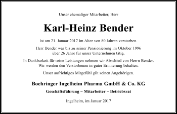 Traueranzeige von Karl-Heinz Bender von Trauerportal Rhein Main Presse