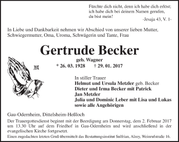 Traueranzeige von Gertrude Becker von Trauerportal Rhein Main Presse