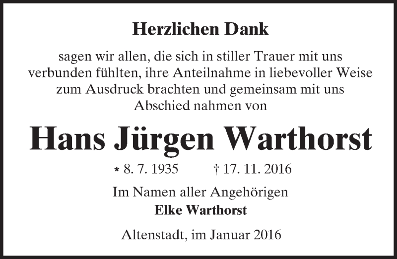  Traueranzeige für Hans Jürgen Warthorst vom 14.01.2017 aus  Kreisanzeiger