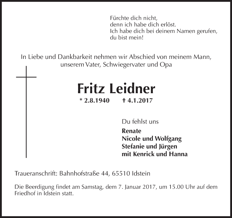  Traueranzeige für Fritz Leidner vom 06.01.2017 aus Trauerportal Rhein Main Presse